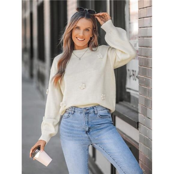 LUNE Women Beige 3D Floral Knit Sweater, Warm Pullover